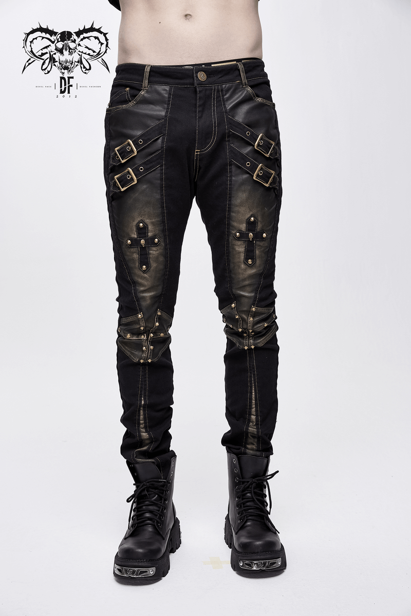 Men's Studded Tight Pants with Dual Buckle Straps / Gothic Style Trousers with Pockets - HARD'N'HEAVY
