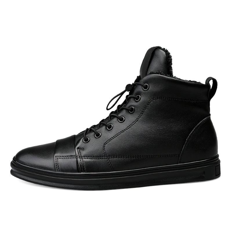Men's stylish black leather ankle boots with fur lining, perfect for casual wear and cold weather.