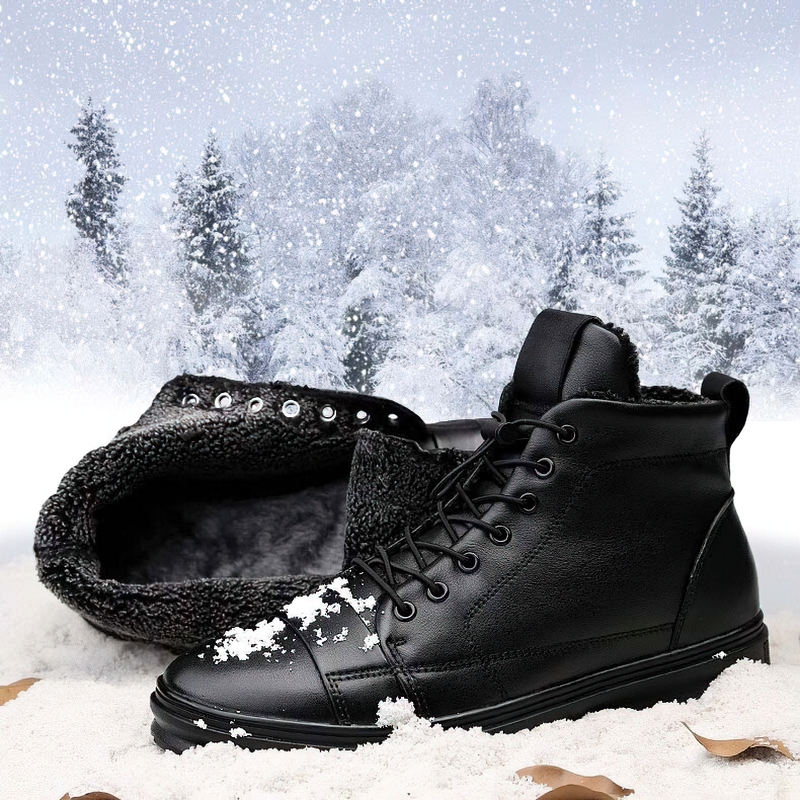 Men's stylish black leather ankle boots with soft lining, perfect for winter's snowy adventures.