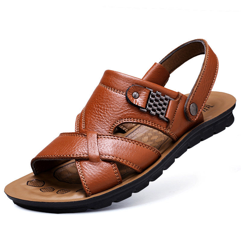 Men's summer leather sandals in brown with cross straps and non-slip sole, perfect for beach and casual aesthetic outfits.