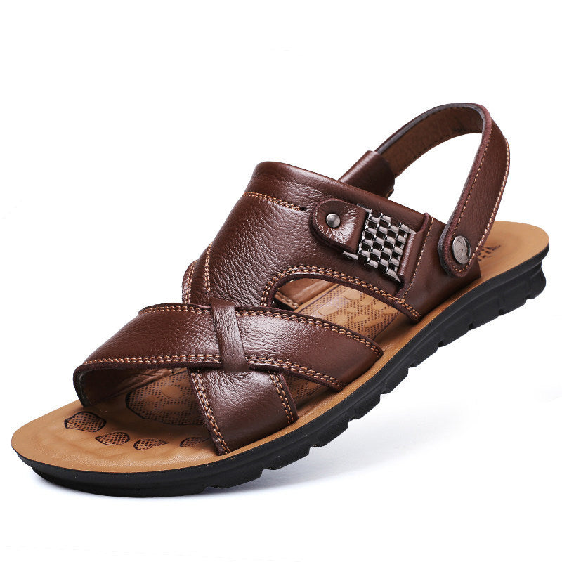 Men's brown leather sandals with a stylish cross strap design, perfect for summer beach outings and casual aesthetics.