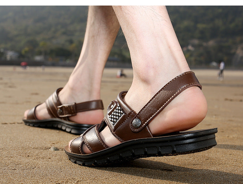 Men's summer leather sandals in brown, perfect for beach outings and casual outfits, designed for comfort and breathability.