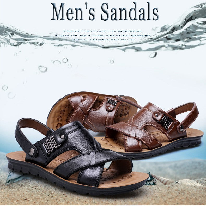 Men's summer leather sandals in black and brown, ideal for beach outings and casual wear, featuring breathable and waterproof design.