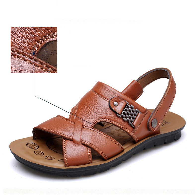 Men's summer leather sandals, slip-on casual shoes with stylish buckle detail and breathable design for outdoor comfort.