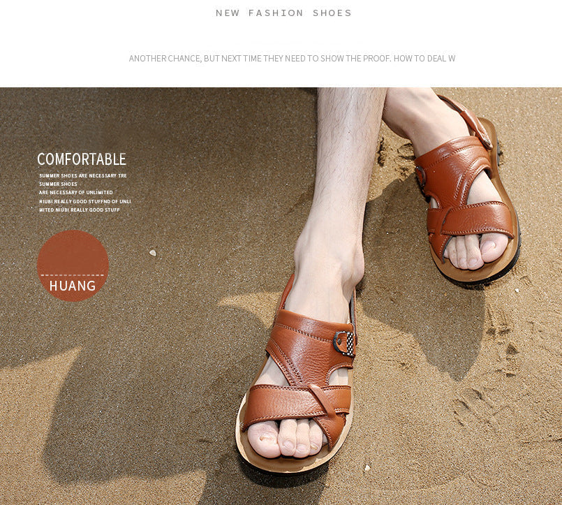 Men's summer leather sandals on sandy beach, perfect for casual and aesthetic outfits. Comfortable and stylish footwear.