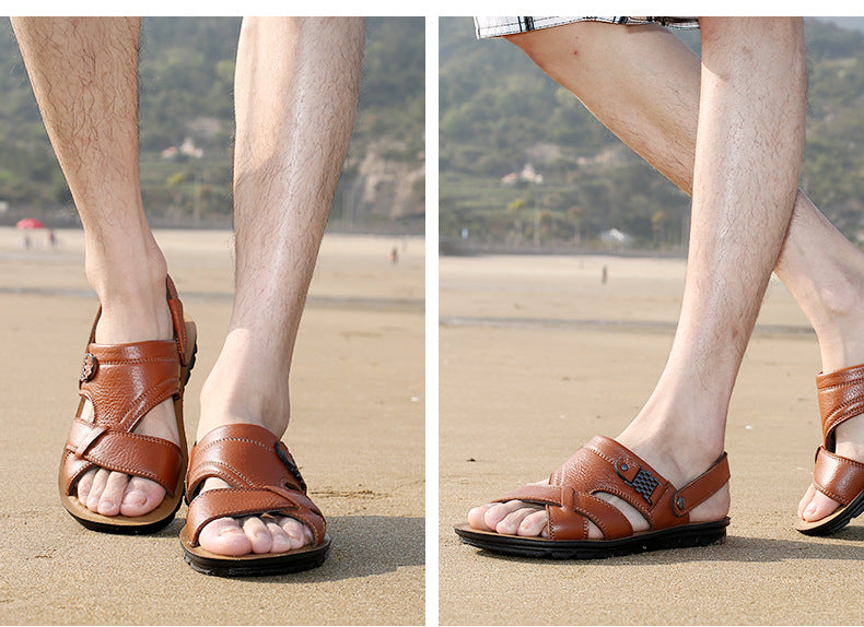Men's summer leather sandals showcased on a beach, perfect for casual outfits and cosplay, featuring a non-slip design.