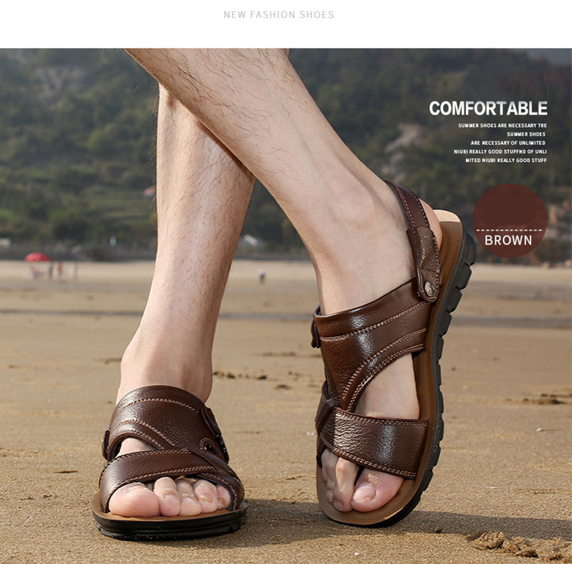 Men's summer brown leather sandals worn on the beach, perfect for casual, aesthetic outfits and daily comfort.