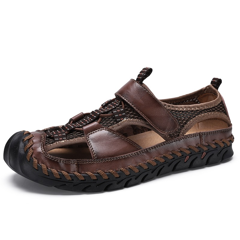 Men's summer leather sandals with non-slip outsole and hook&loop closure, perfect for casual outdoor wear.