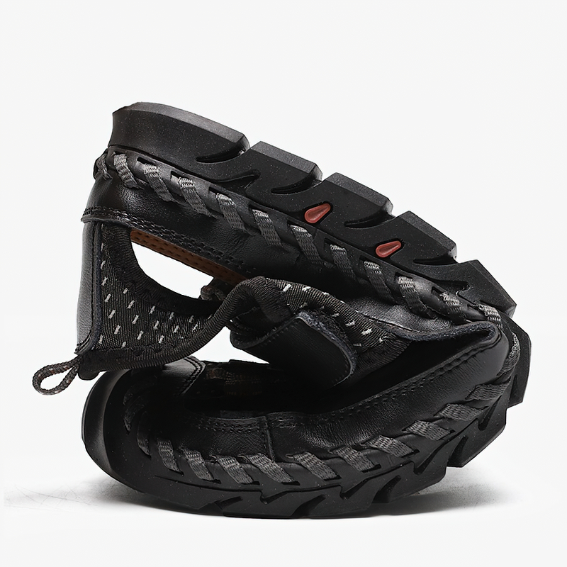 Men's summer leather sandals in black with non-slip outsole and hook&loop closure, perfect for casual wear.