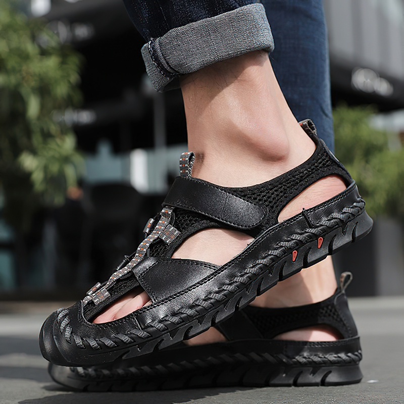Men's summer leather sandals with non-slip outsole, hook&loop closure, and stylish design for casual wear.
