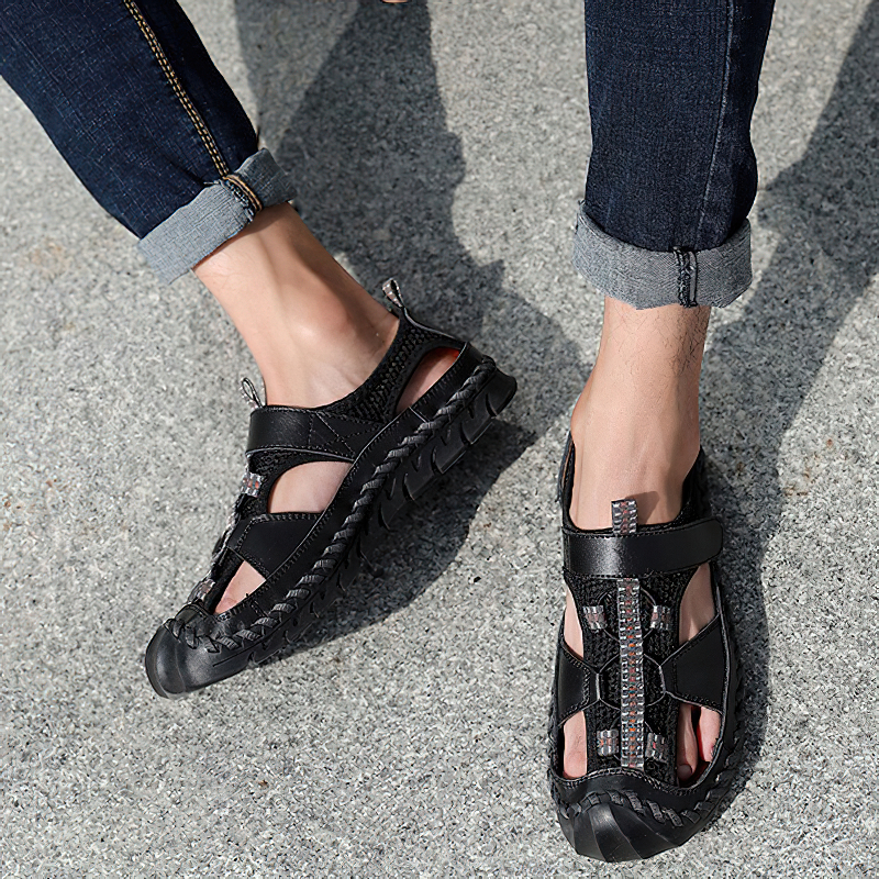 Men's summer leather sandals in black, featuring non-slip outsoles and stylish hook&loop closure, perfect for casual wear.