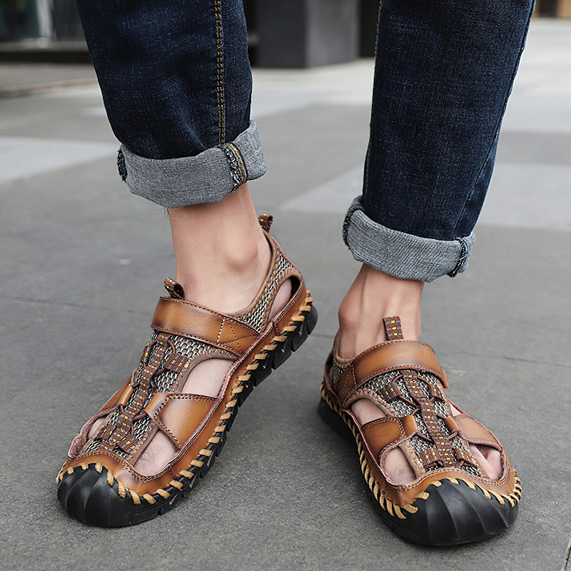 Men's summer leather sandals with non-slip outsole, perfect for casual wear and warm days, showcasing stylish design.