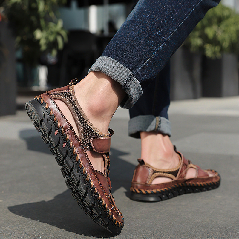 Men's summer leather sandals with non-slip outsole, stylish with hook&loop closure, perfect for casual wear.