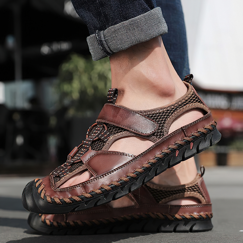 Men's summer leather sandals with a non-slip outsole, perfect for casual outings and warm weather adventures.