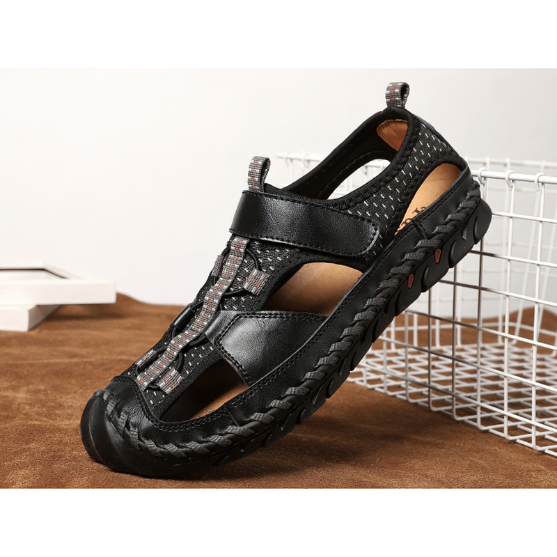 Stylish men's summer leather sandals with non-slip outsole and hook&loop closure for casual comfort.
