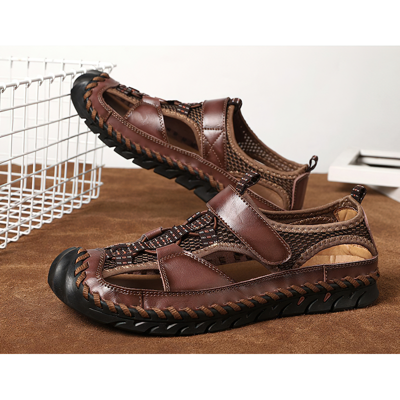 Men's brown summer leather sandals with non-slip outsole and stylish design, perfect for casual wear.