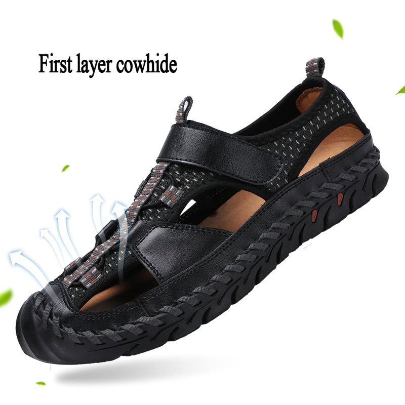 Men's summer leather sandals with hook&loop closure, non-slip outsole, and breathable design for comfort.