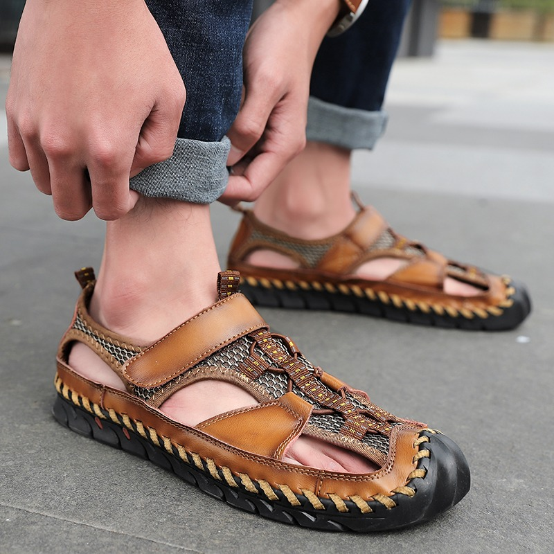 Comfortable brown leather sandals with non-slip outsole, perfect for summer outdoor adventures and casual wear.