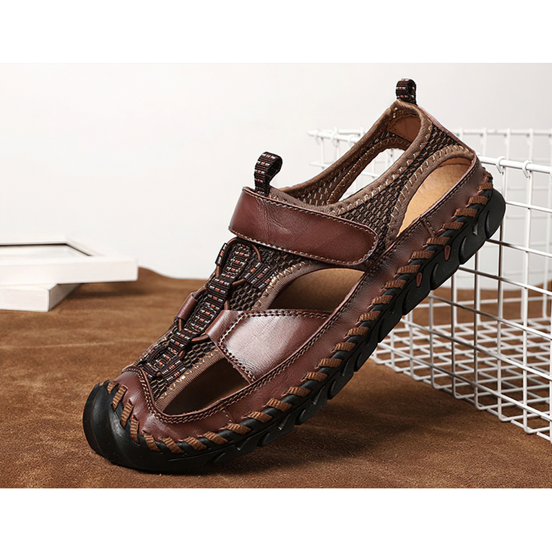 Men's summer leather sandals with non-slip outsole, perfect for casual outdoor adventures and warm weather comfort.