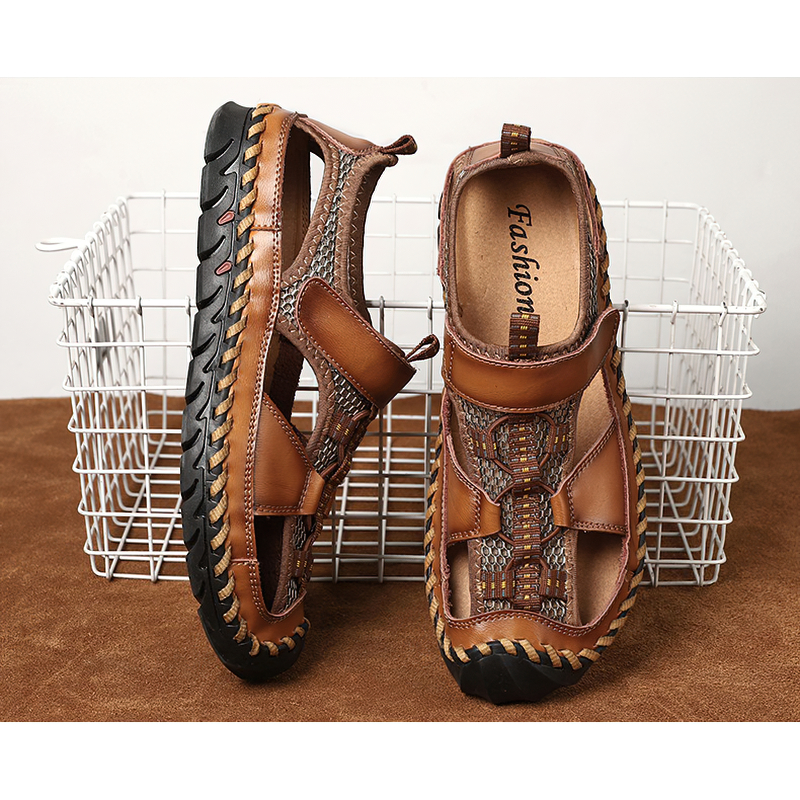 Men's summer leather sandals with non-slip outsole, stylishly designed for comfort and casual wear.