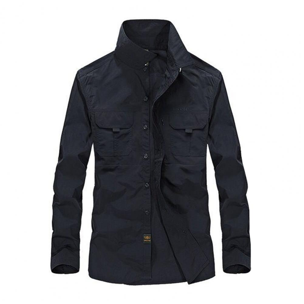 Men's Tactical Button-Up Shirt in navy blue with pockets, made of breathable cotton for casual comfort and style.