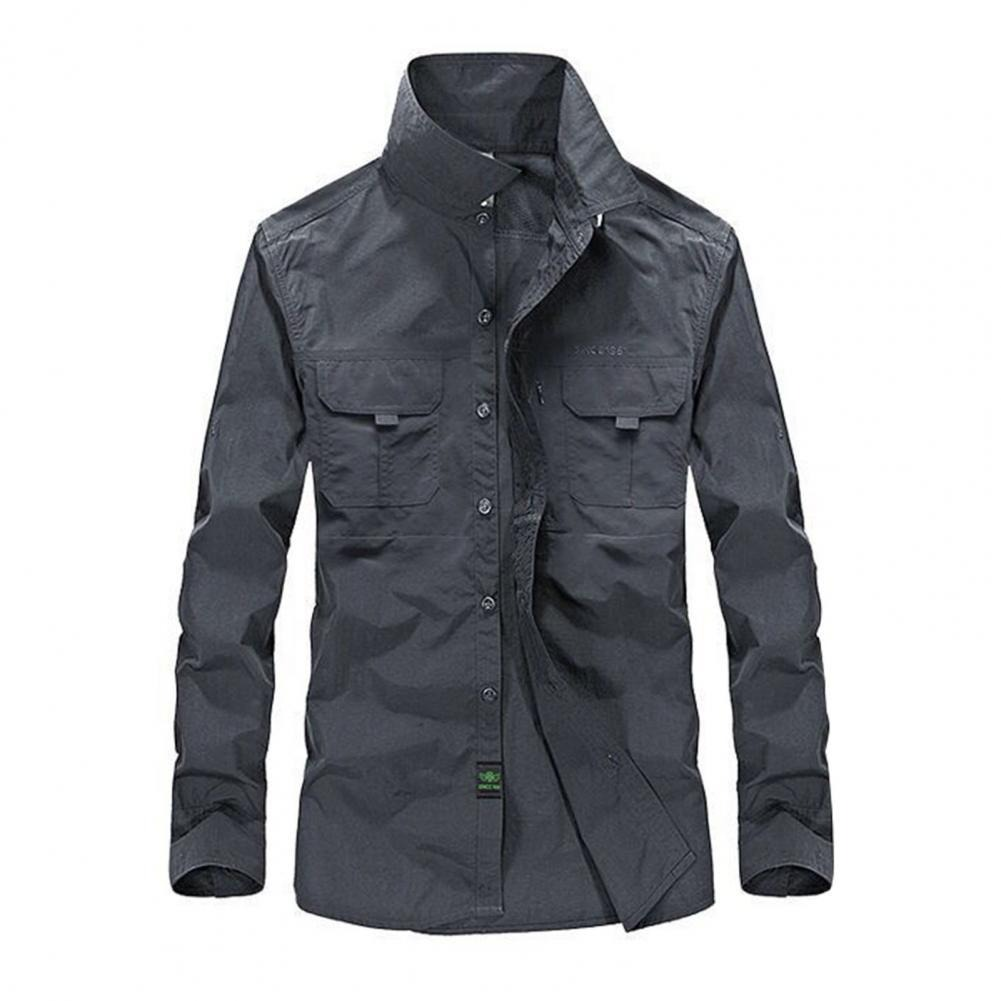 Men's tactical button-up shirt in dark gray, featuring long sleeves and chest pockets for a stylish, casual look.