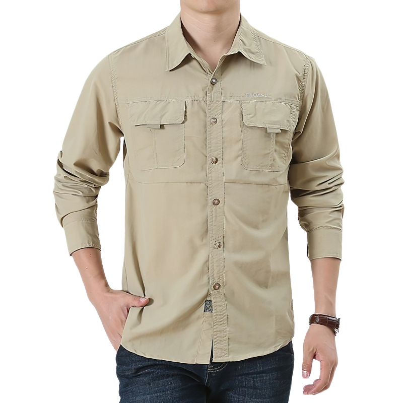 Men's tactical button-up shirt in khaki with chest pockets and long sleeves, perfect for casual or work wear.