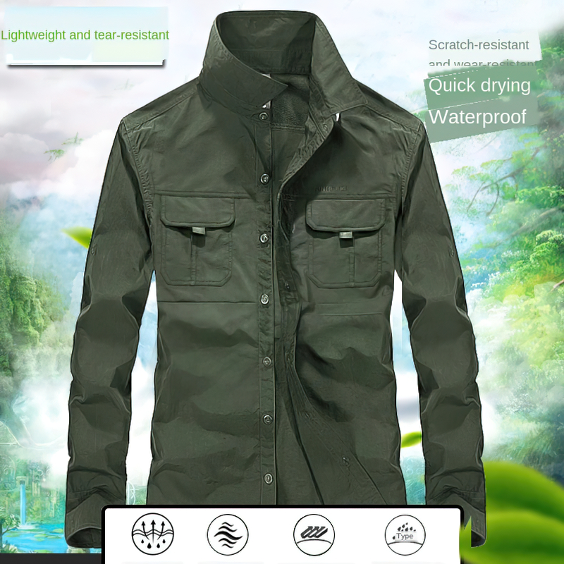 Men's tactical button-up shirt in dark green, lightweight, quick-drying, and waterproof with functional pockets.