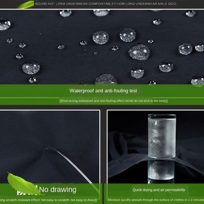Close-up of fabric with water droplets showcasing waterproof and anti-fouling features of breathable male underwear.