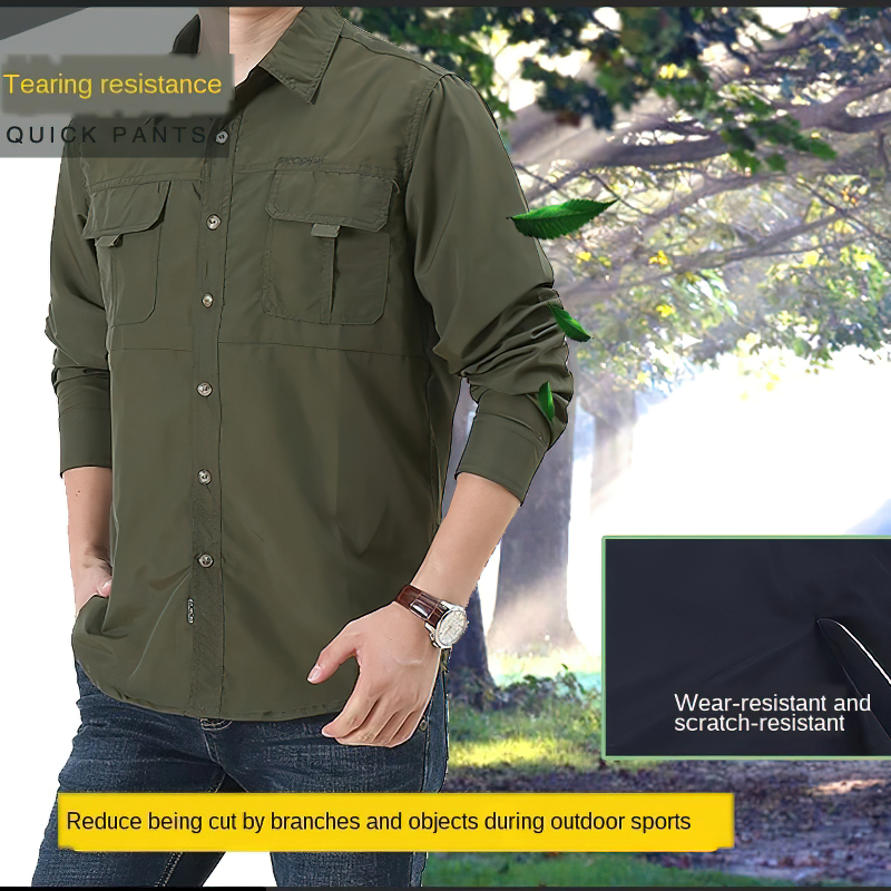 Men's tactical button-up shirt in olive green, featuring scratch-resistant fabric and dual chest pockets, perfect for outdoor adventures.