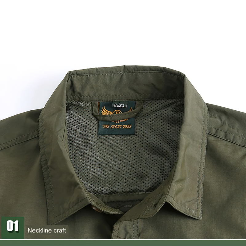 Close-up of men's tactical button-up shirt collar showcasing neckline craft and breathable design.