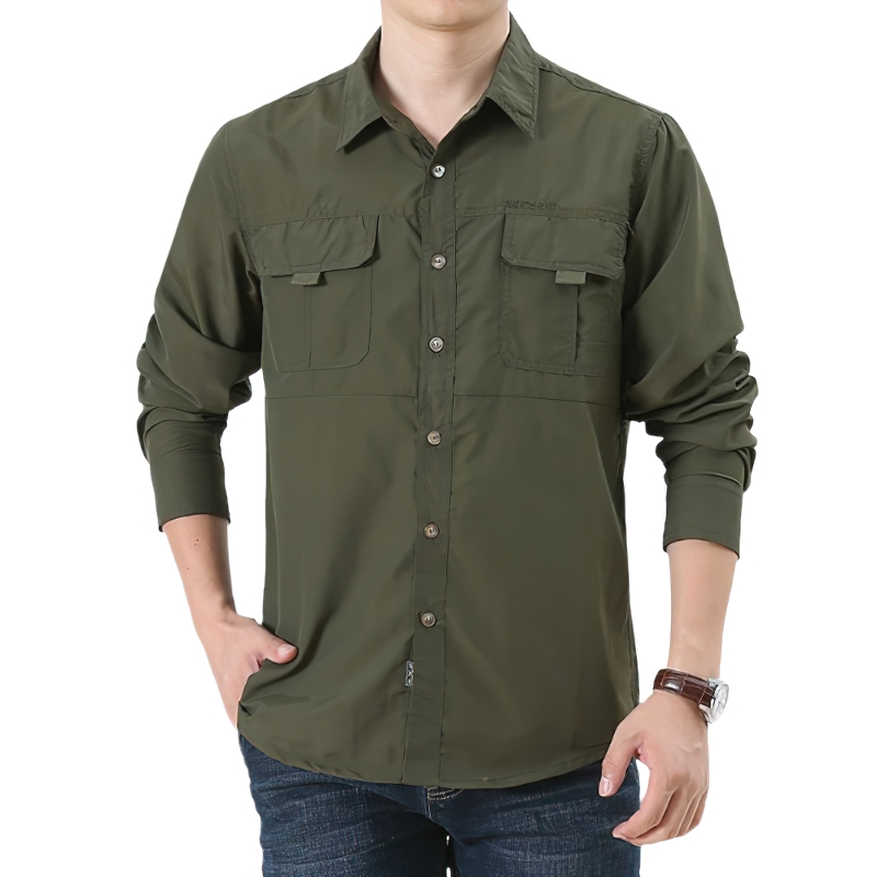 Men's olive green tactical button-up shirt with pockets, perfect for casual outdoor adventures and daily wear.