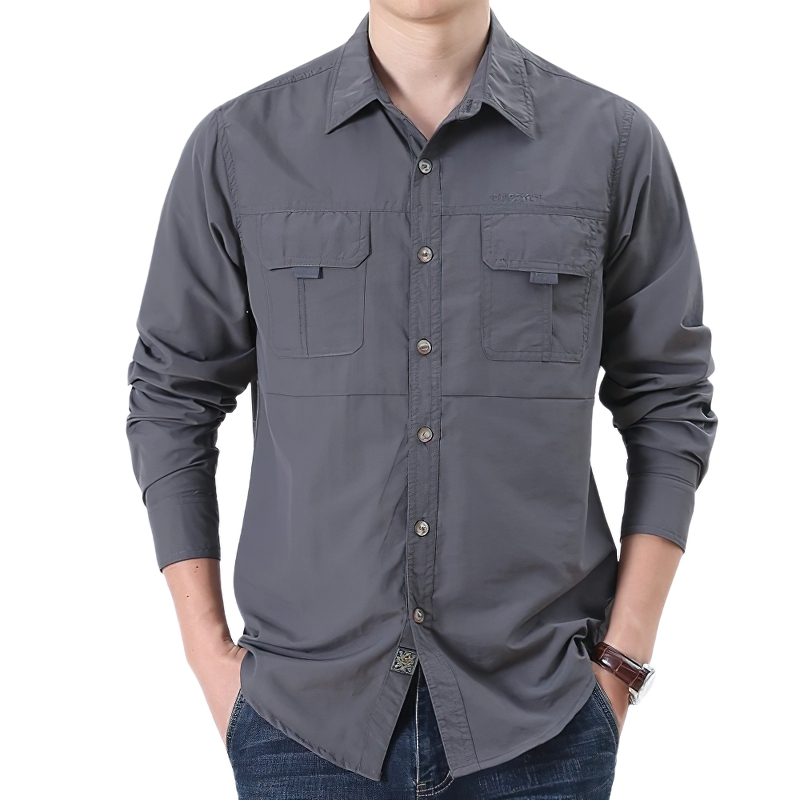 Men's tactical button-up shirt in gray with pockets, long sleeves, and a stylish casual look for work or play.