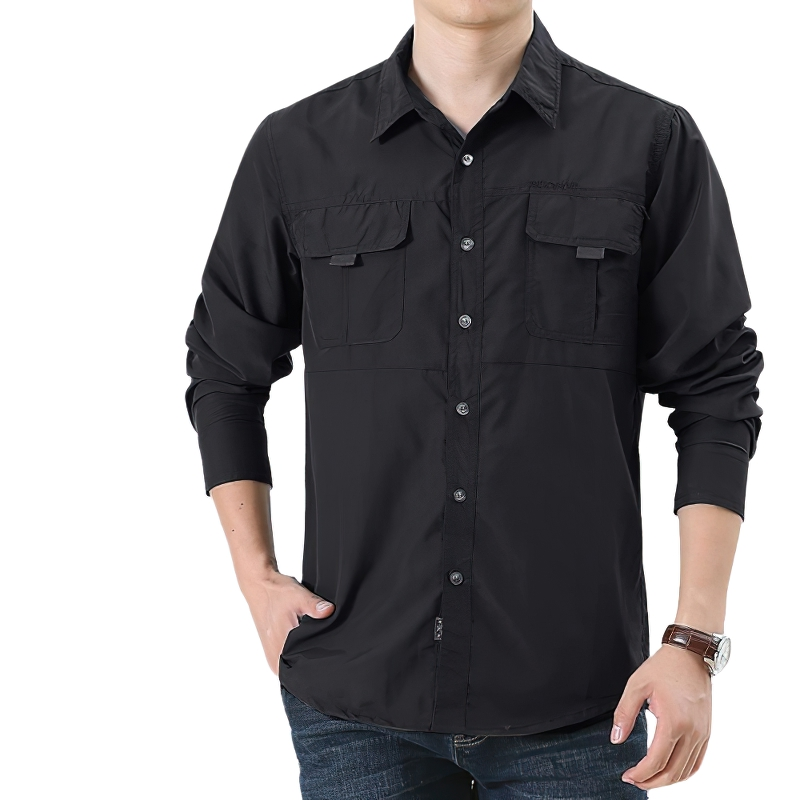 Men's tactical long sleeve button-up shirt in black with chest pockets, casual and breathable cotton workwear.