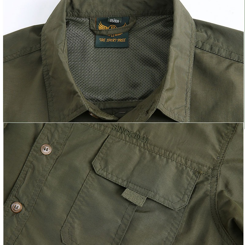 Men's tactical button-up shirt close-up showcasing collar, pocket, and breathable fabric in army green.