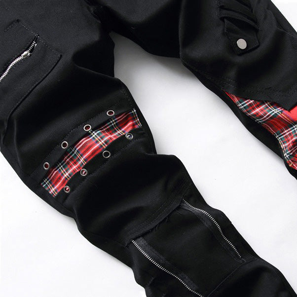 Men's Tartan Scotch Plaids Patchwork Black Jeans / Punk Rock Slim Straigh Trousers - HARD'N'HEAVY