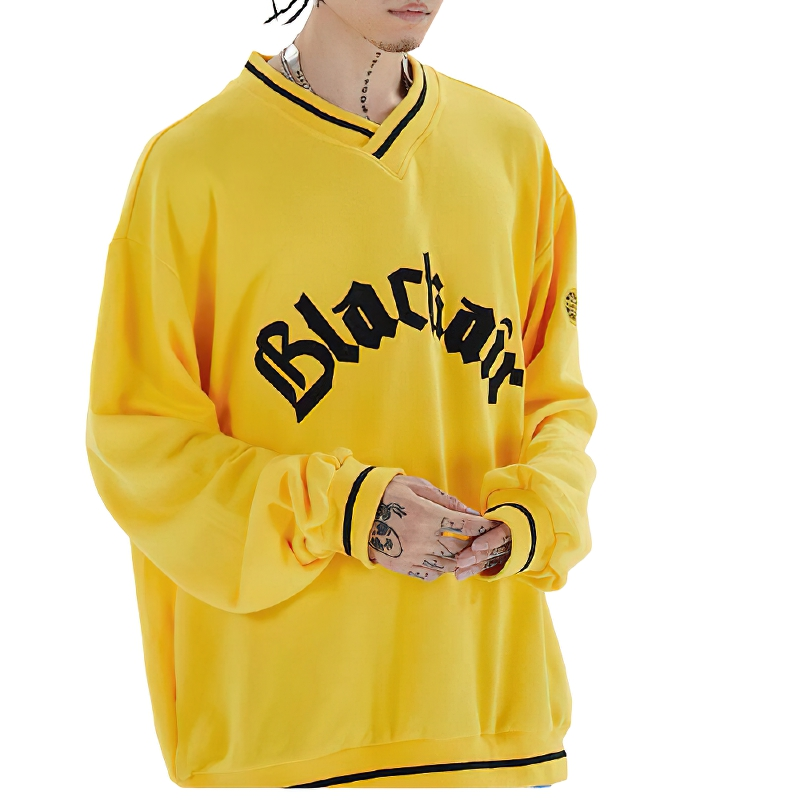 Men's oversized yellow V-neck sweatshirt with Blackair print, casual and trendy fashion statement.