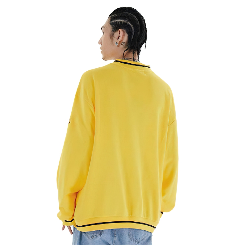 Men's oversized yellow V-neck sweatshirt, showcasing a casual and trendy sporty style from the back.
