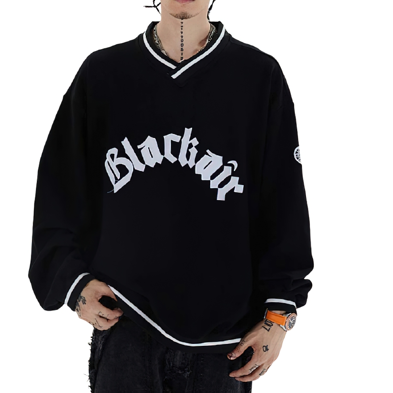 Men's V-Neck Letter Patch Baseball Sweatshirt / Casual Loose Pullover - HARD'N'HEAVY