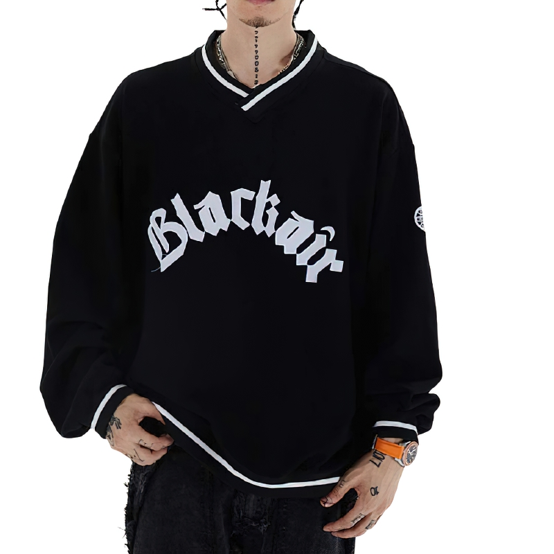 Men's black oversized V-neck sweatshirt with 'Blackair' letter patch and casual style.