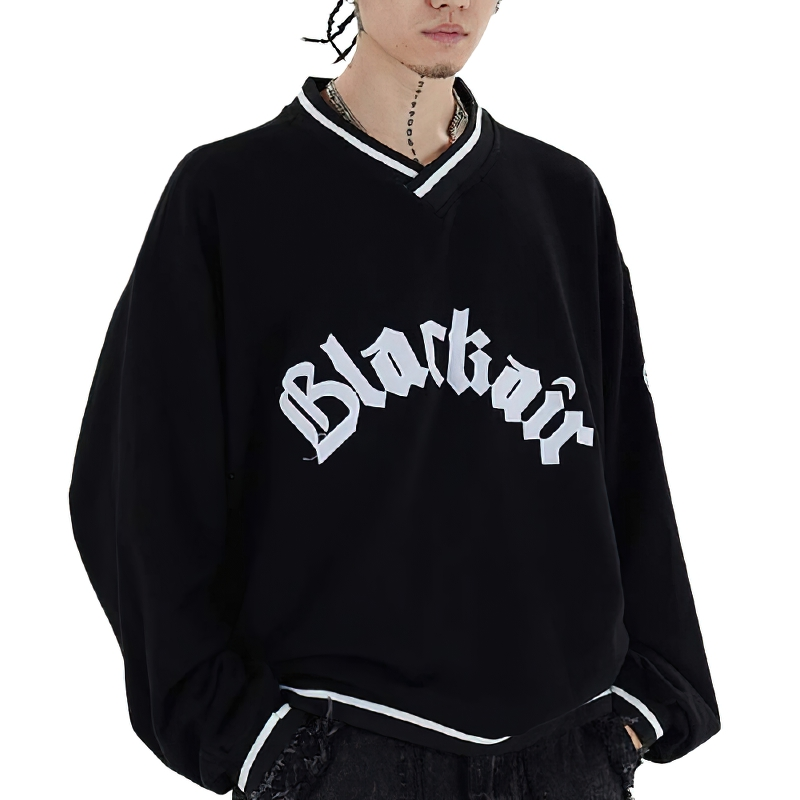Men's oversized black V-neck sweatshirt with 'Blackair' letter patch, perfect for casual and trendy outfits.