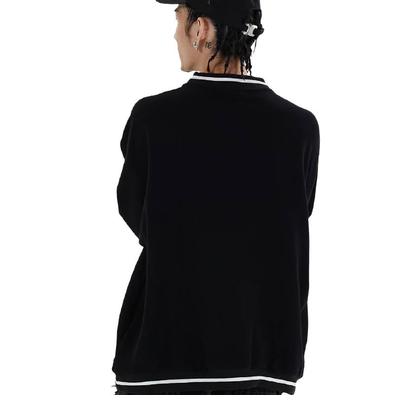 Men's oversized black V-neck sweatshirt with letter patch, stylish casual pullover from the back view.