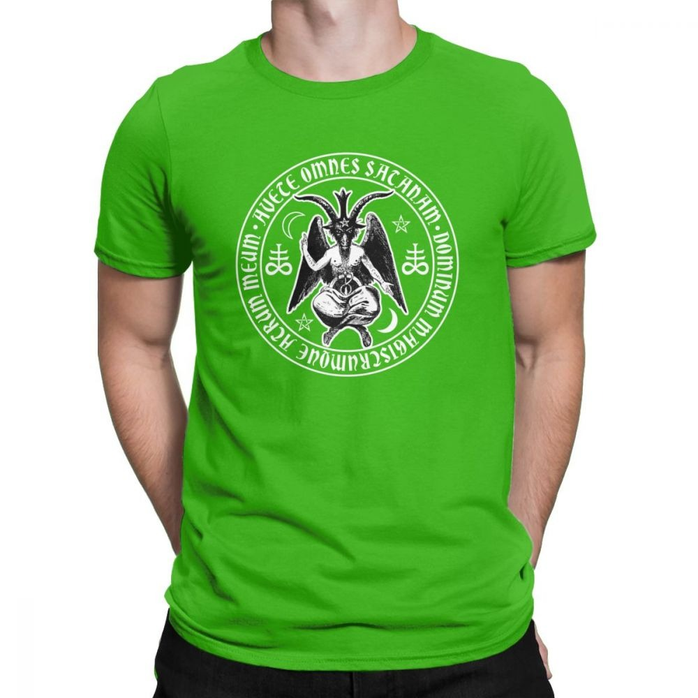 Men's vintage green cotton t-shirt featuring Satanic symbol for rock style fashion.