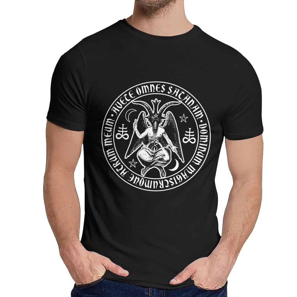 Men's vintage rock style t-shirt featuring a Satanic crosses symbol design in black cotton.