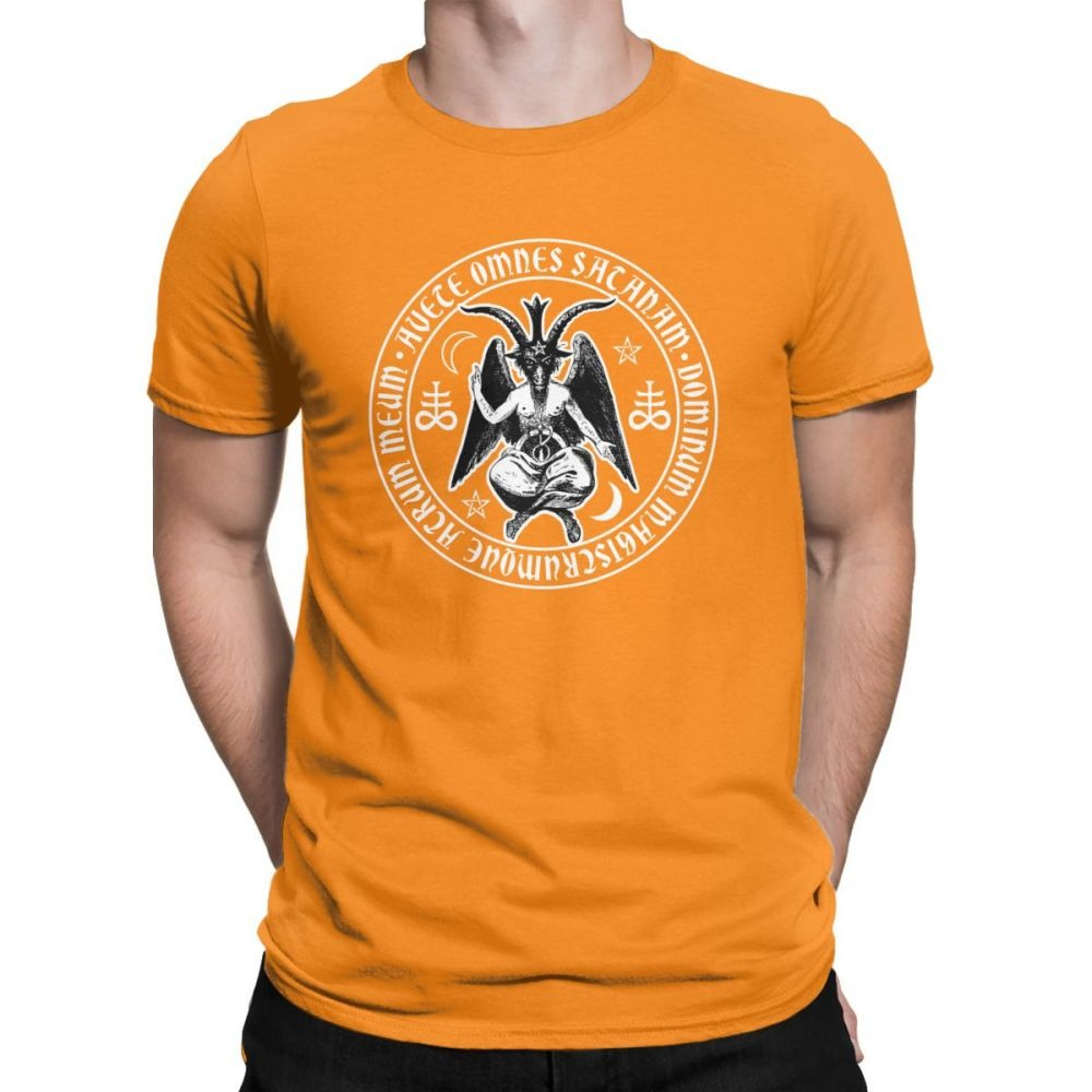 Men's vintage orange cotton T-shirt featuring Satanic crosses symbol for rock style enthusiasts.
