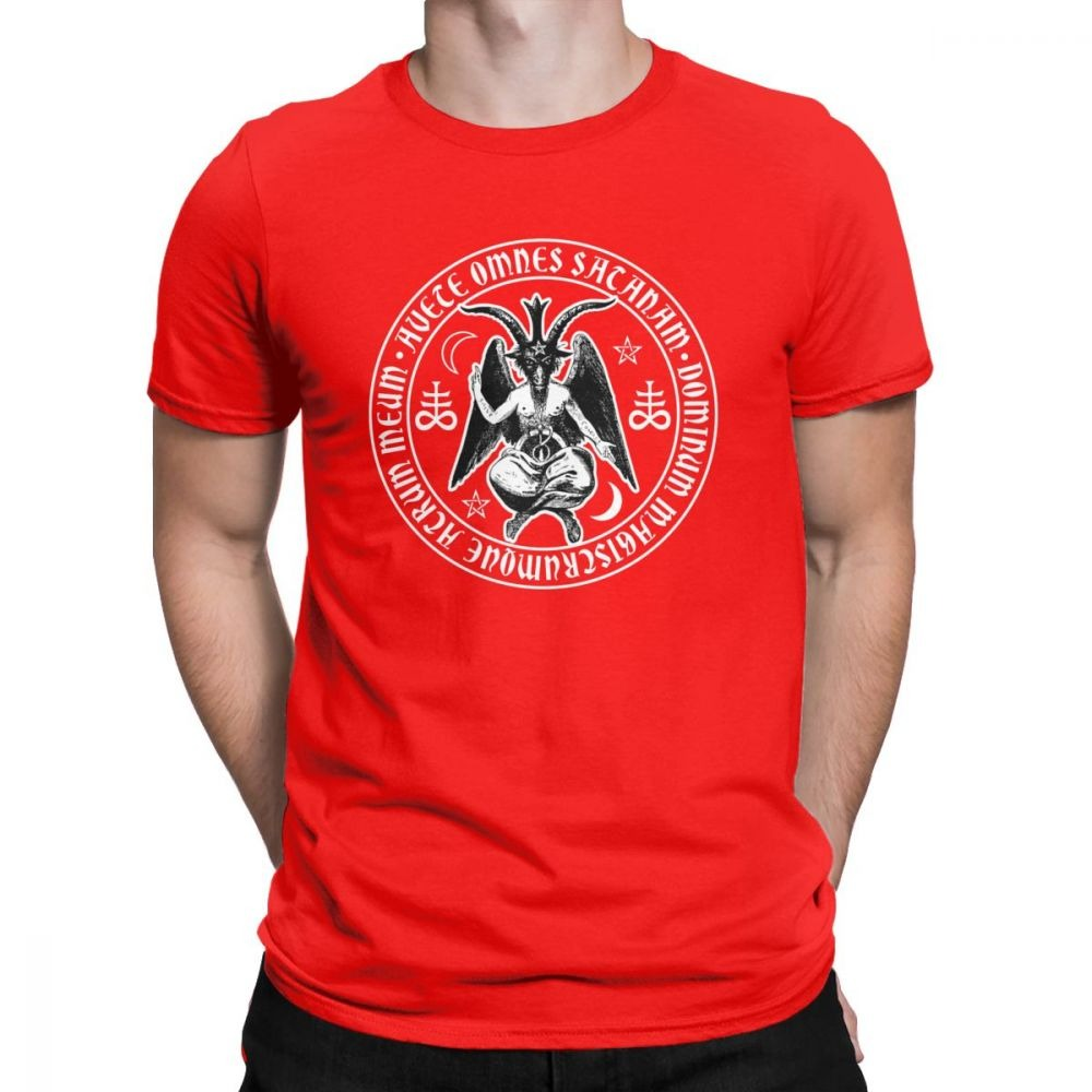 Men's red cotton t-shirt with Satanic Crosses symbol, perfect for rock style enthusiasts at concerts.