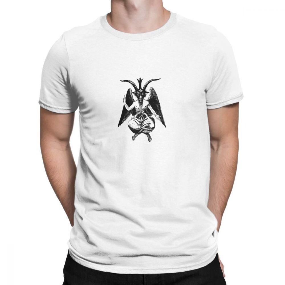 Men's vintage rock style white t-shirt featuring a satanic crosses symbol design.
