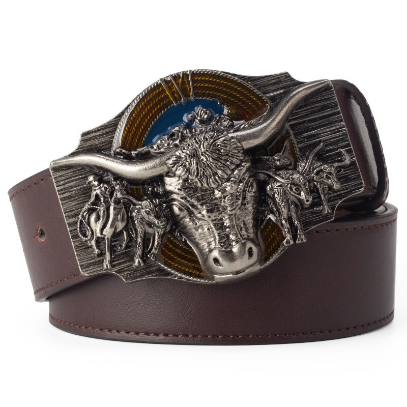 Men's vintage cowskin belt featuring a cool bull head buckle and genuine leather, available in multiple colors.