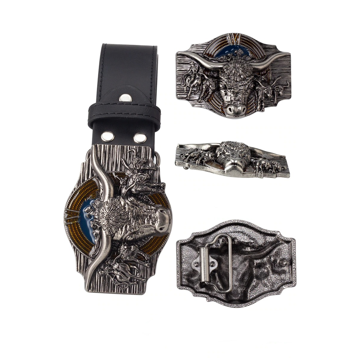 Men's vintage cowskin belt with intricate bull head buckle in silver and leather for a stylish look.