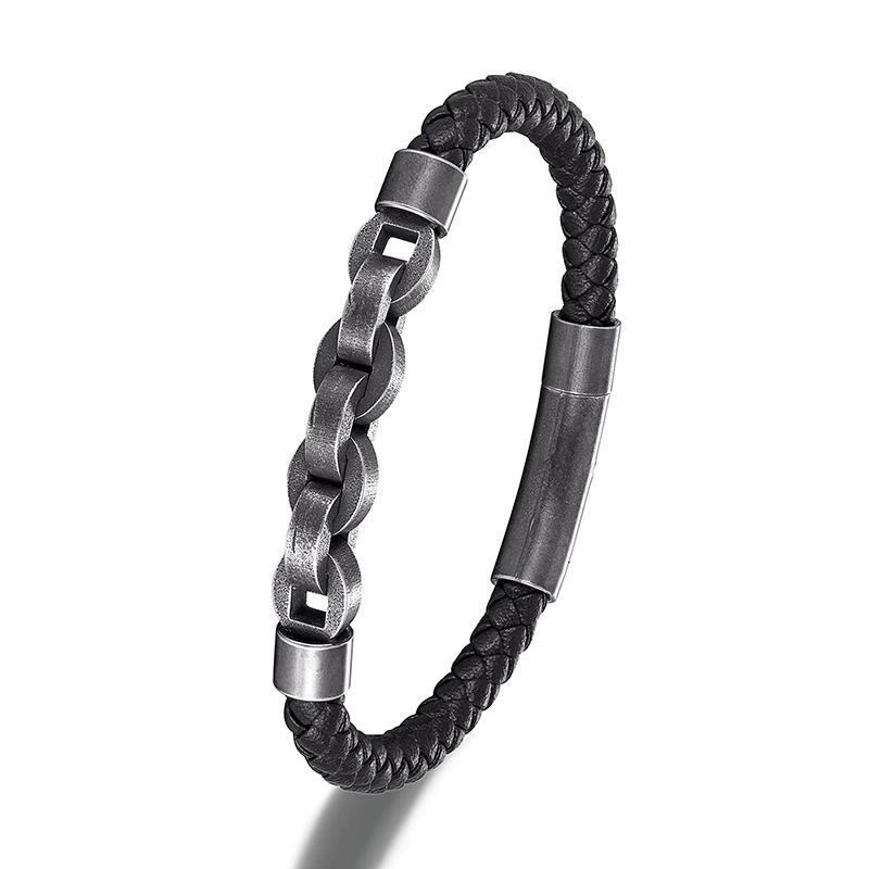 Men's Vintage Genuine Leather Bracelet with Stainless Steel Links, perfect rock style accessory for any outfit.
